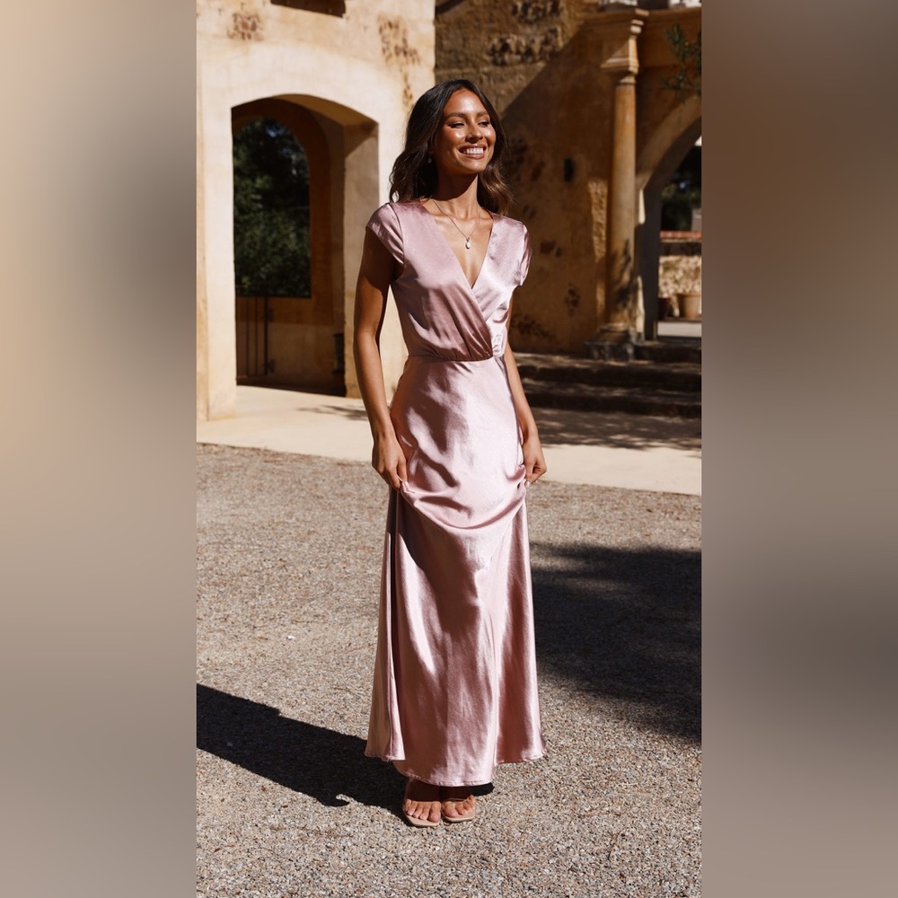Satin V-Neck Wrap Maxi Dress in Dusty Pink